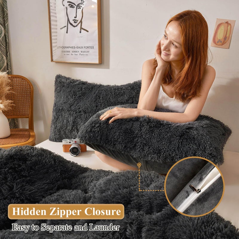 XeGe Faux Fur Throw Pillow Cases, Plush Shaggy Ultra Soft Pillow Covers, Fluffy Crystal Velvet Decorative Pillowcases, Furry Fuzzy Pillow Shams Zipper Closure, Set of 2(Standard, Dark Gray) - Image 3